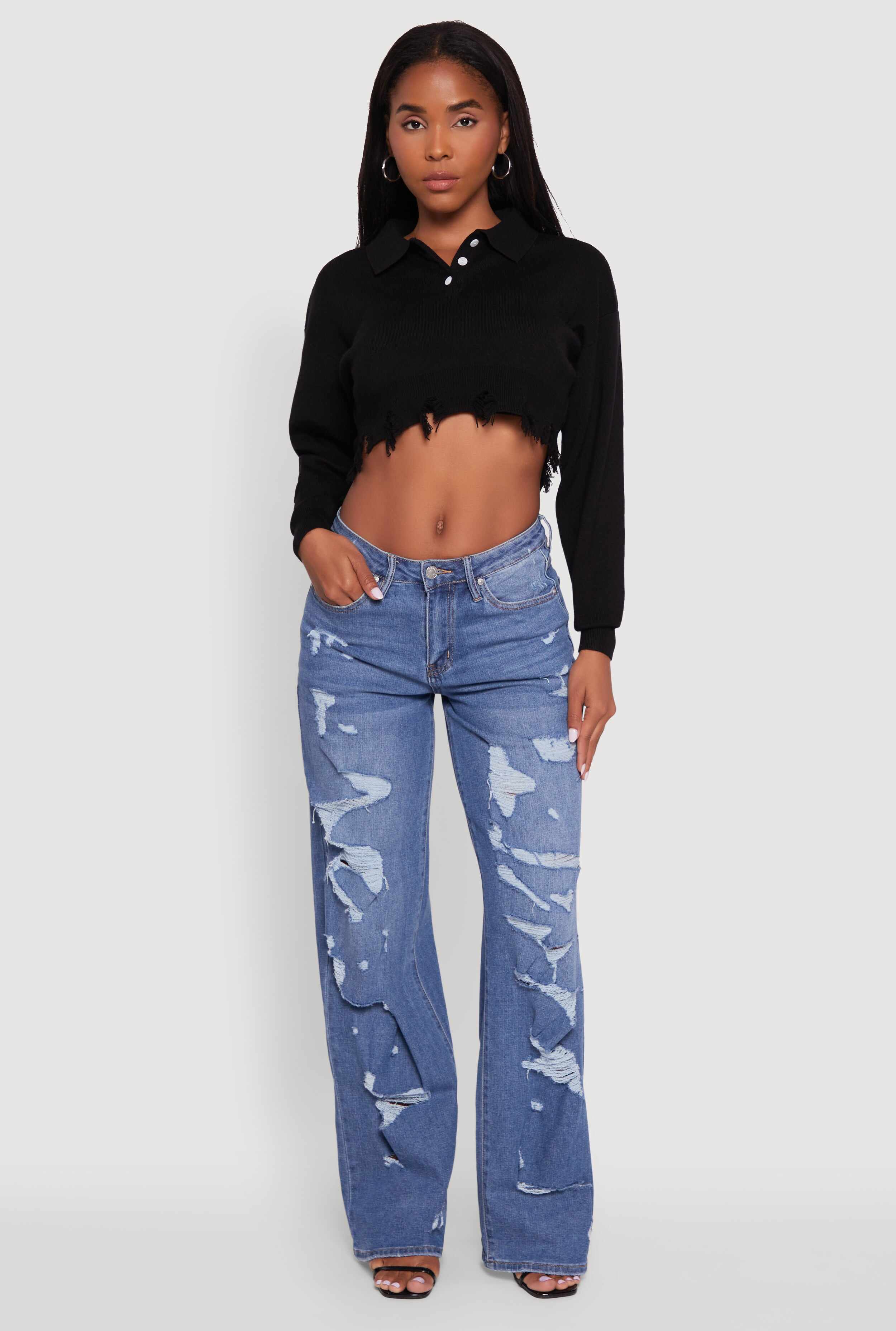 Frayed High Low Hem Cropped Long Sleeve Sweater