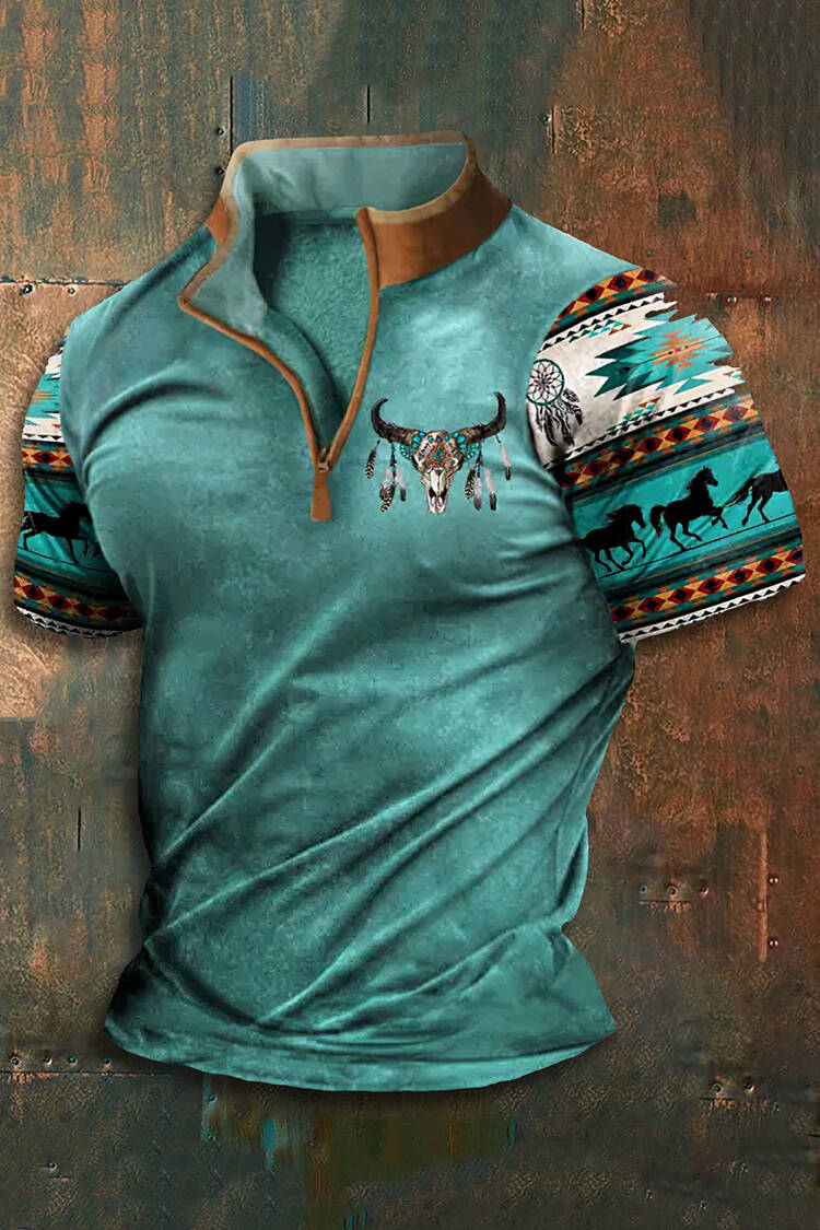 Men'S Stand Collar Zip Tribal Print Short SleeveT Shirt