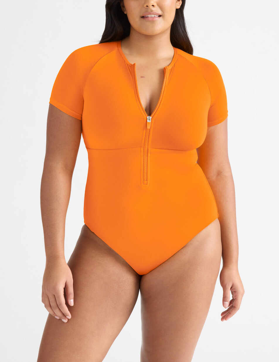 Short Sleeve Zip One Piece Swimsuit