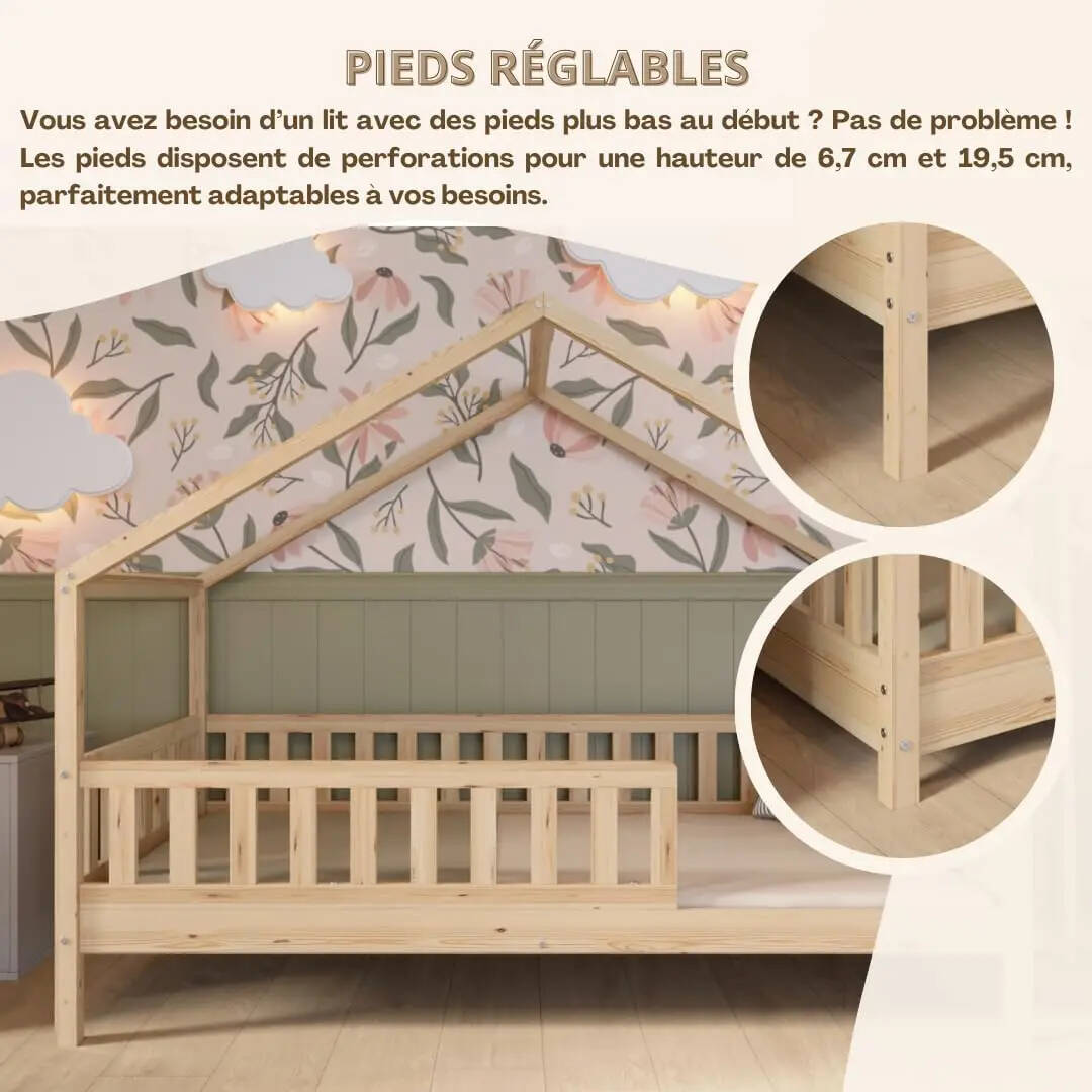 Clearance Sale Crazy Pine Cabin Bed 160x80 cm – Natural Wood Children's Bed with Barrier – Montessori Floor Bed with Height-Adjustable Legs and Removable Barrier - Crazy House