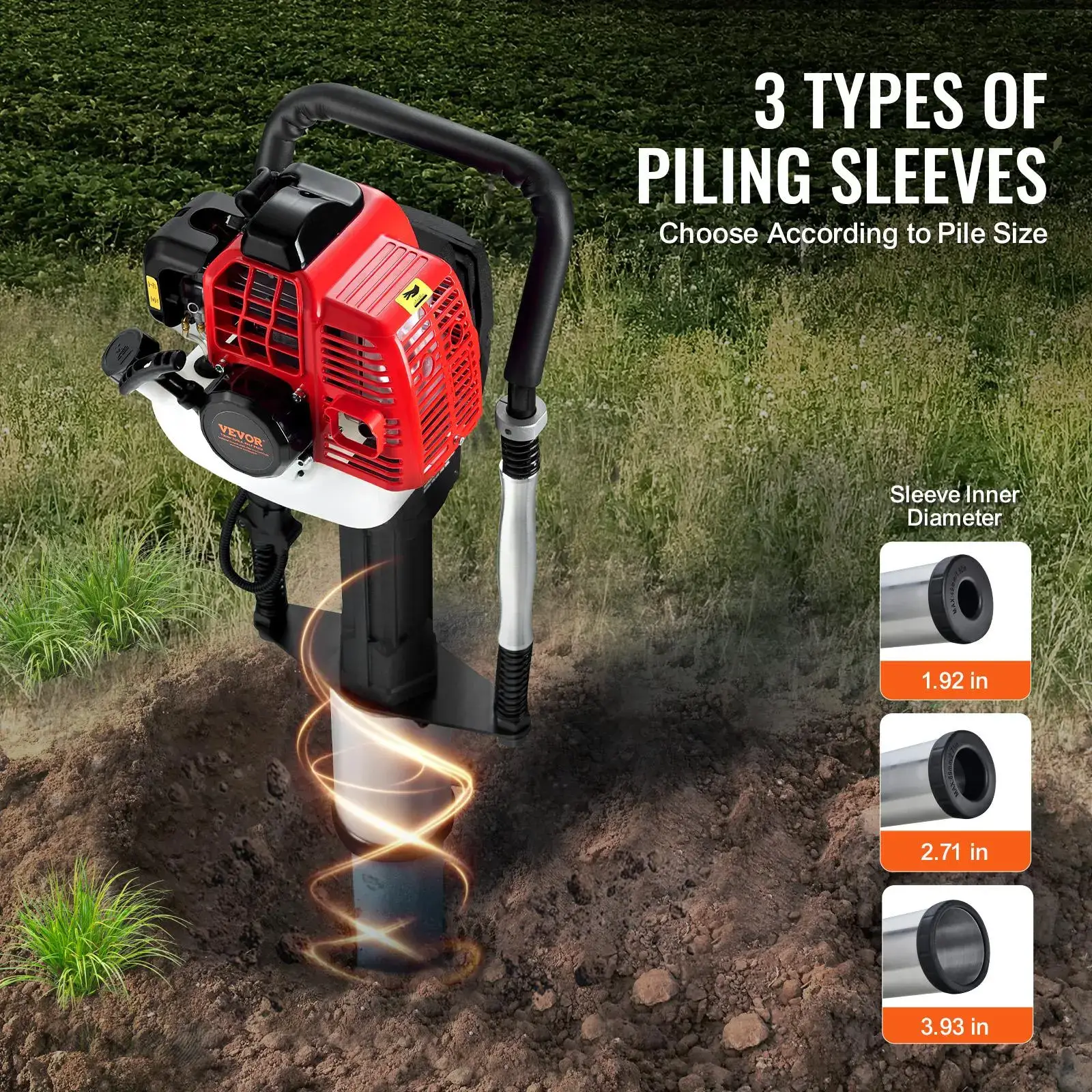 52cc Gas-Powered T Post Driver,2-Stroke Engine Gasoline Fence Piling Pounder, 1300W Portable Piledriver with 3 Post Driving Head(49/69/100 mm) , For Farm, Ranch Fencing, Road Improvements