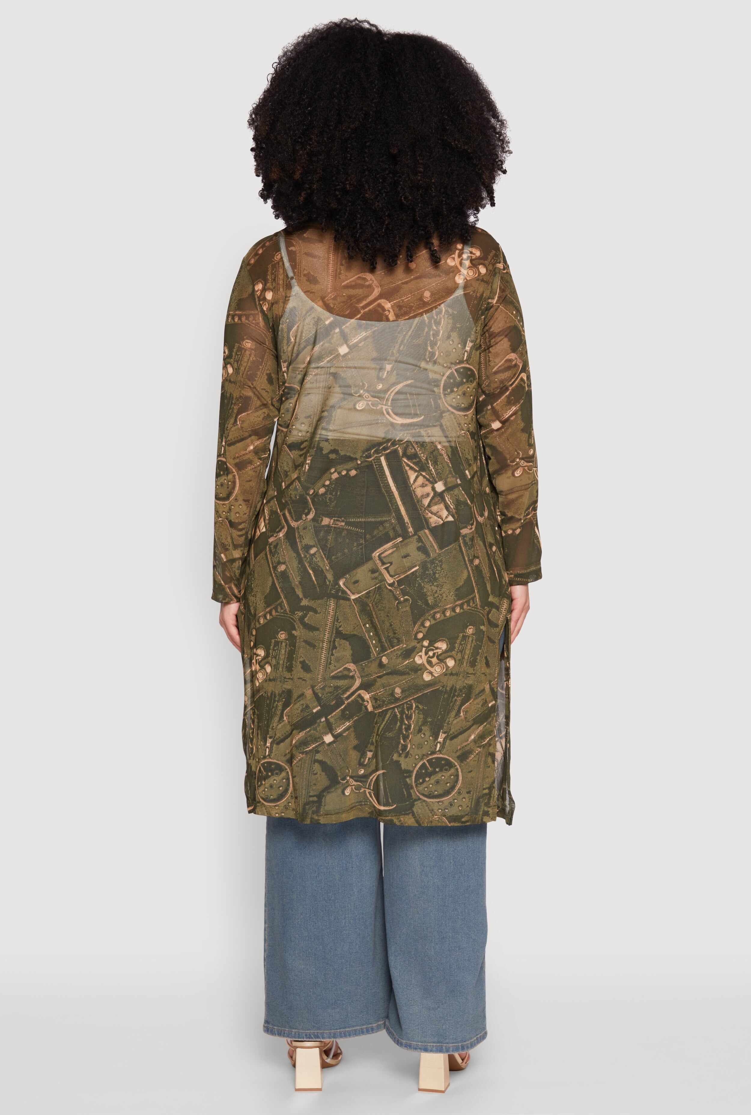 Plus Size Buckle Belt Print Mesh Duster