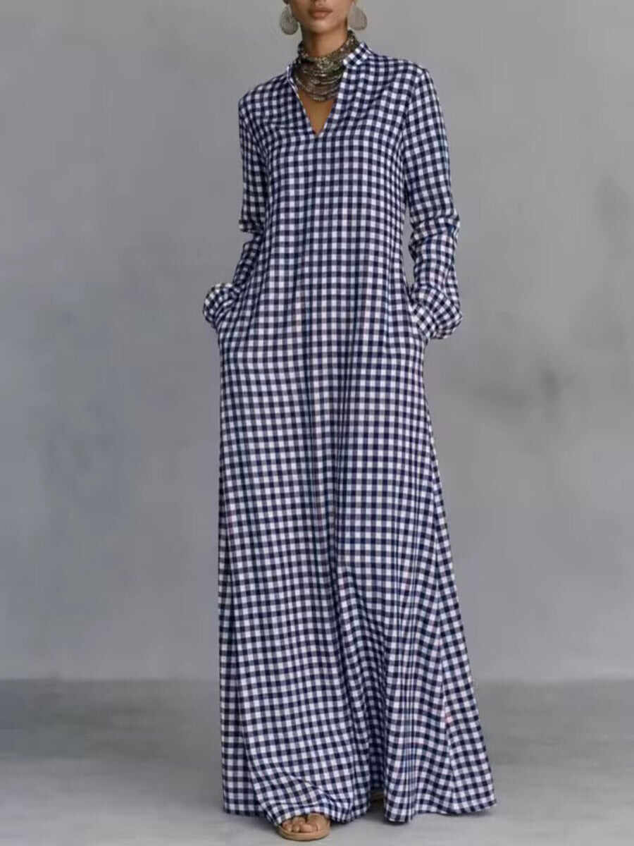 🔥Summer Arrivals🌟Women's Plaid Print V-neck Long-sleeved Casual Loose Cotton And Linen Dress