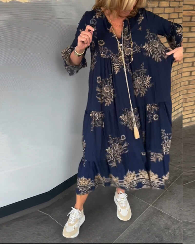 🔥Summer Arrivals🌟💃Hot sale new product 50% off👗 - Navy blue print loose retro V-neck dress