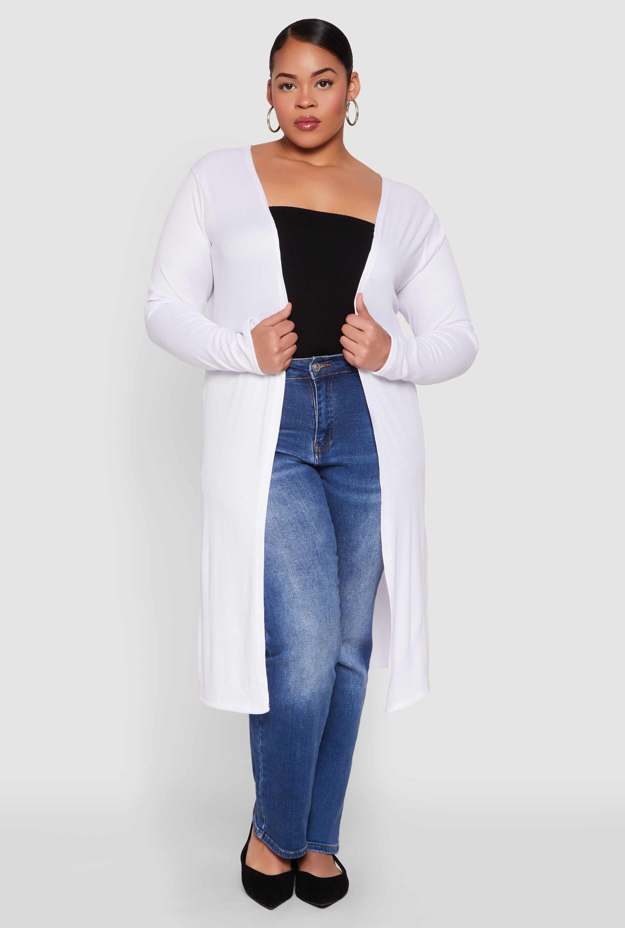 Plus Size Ribbed Soft Knit Open Front Duster