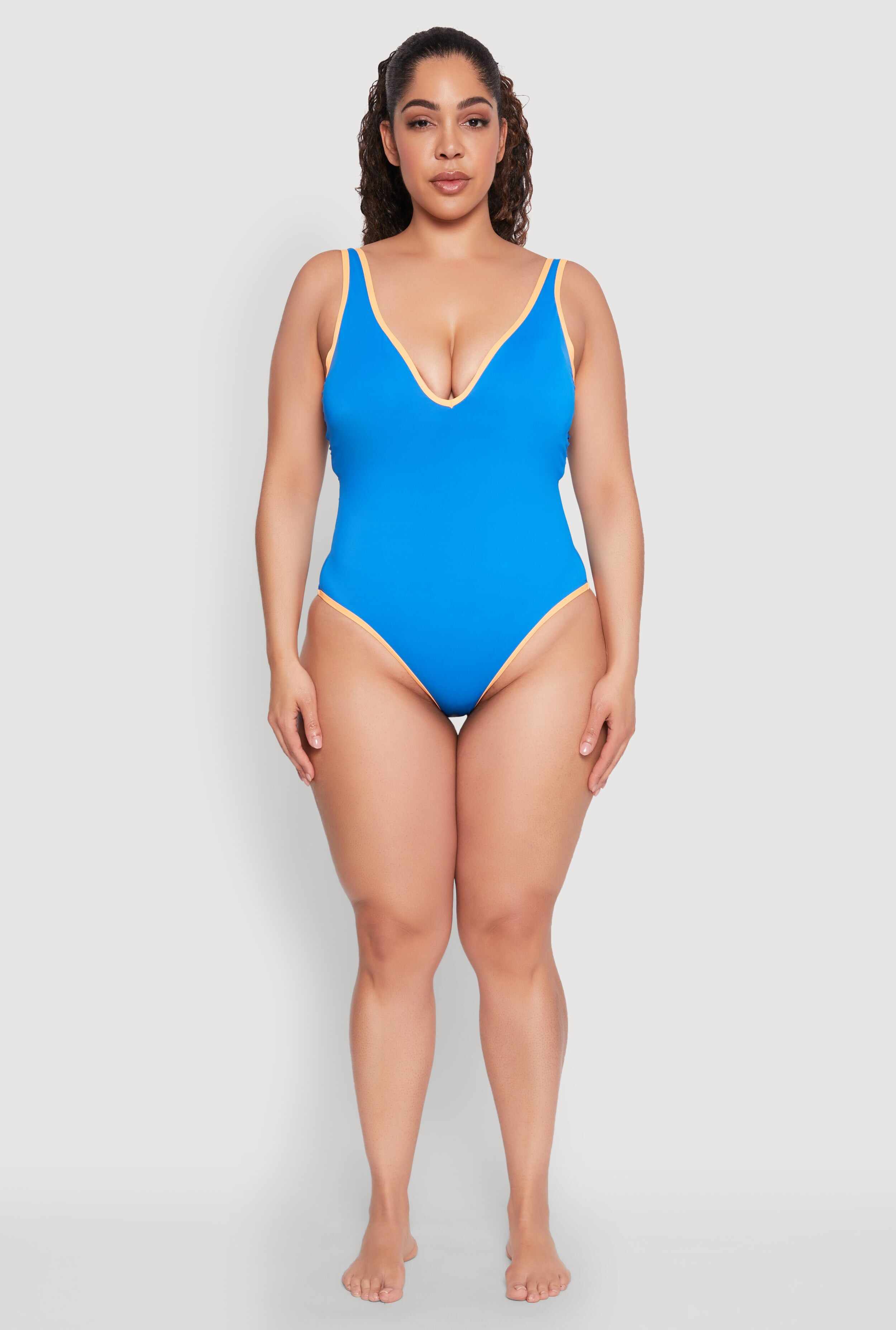 Plus Size Contrast Trim High Cut One Piece Swimsuit