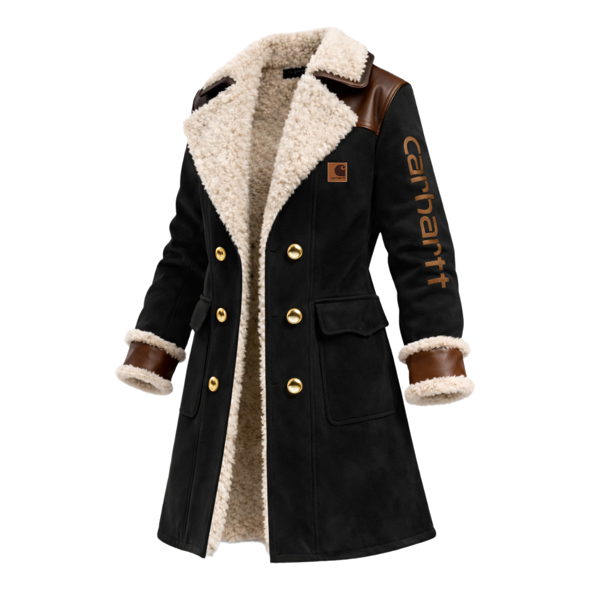 Women's Vintage White Leather Contrast Fleece Faux Fur Lining Coat-Khaki