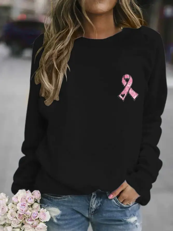 Women's Pink Ribbon Breast Cancer Awareness Warrior Supporter Print Casual Sweatshirt