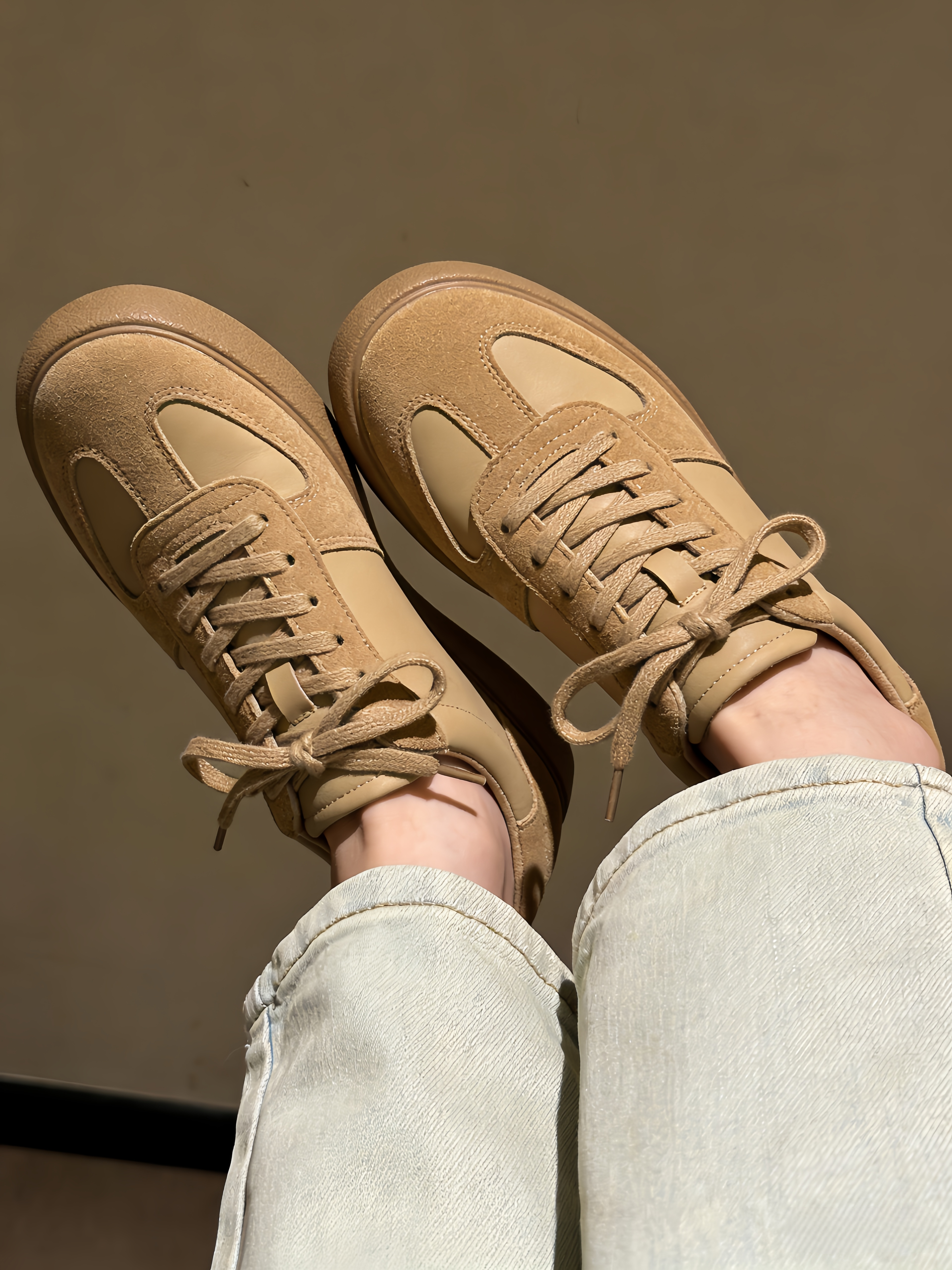 Casual Lace Up Splicing Flat Shoes Khaki Cowhide Leather