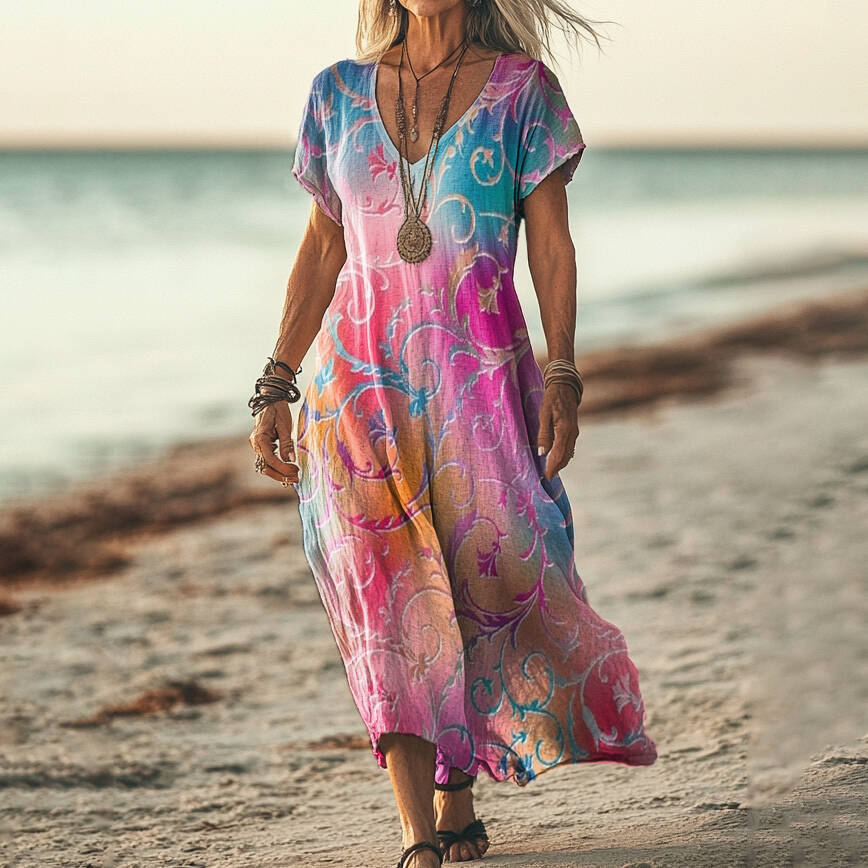 Women's Colorful Gradient Geometric Art Print V Neck Pocket Cotton Dress