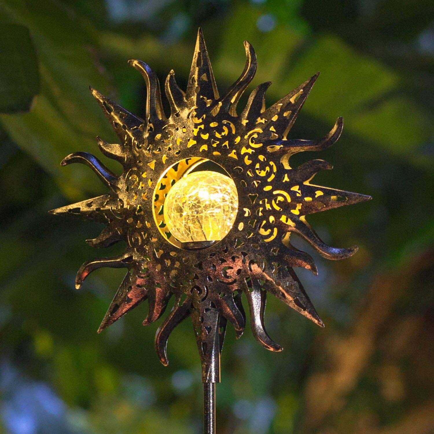 1pc Flame Sun Hollow Out Iron Landscape Decorative Lamp, Cracked Glass Bulb Lamp, Waterproof LED Lamp For Garden, Lawn, Courtyard