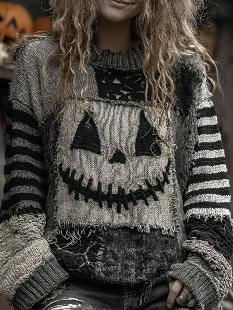 Halloween Face Patchwork Art Cozy Knit Sweater