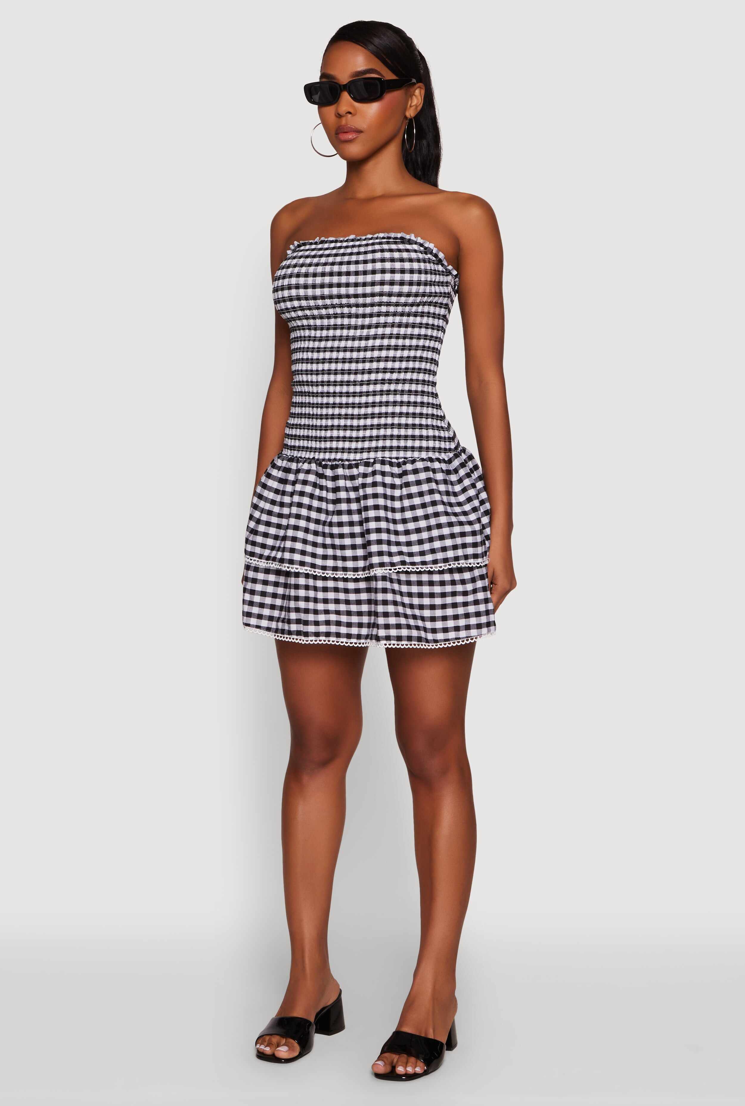 Haute Monde Gingham Strapless Tiered Skater Dress