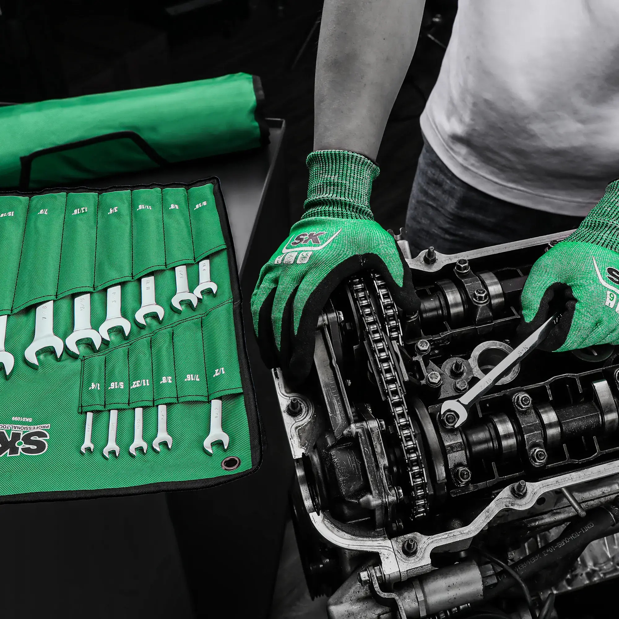 SK Combination Wrench Set, SAE & Metric, Finish, Premium CR-V Construction, with Rolling Pouch