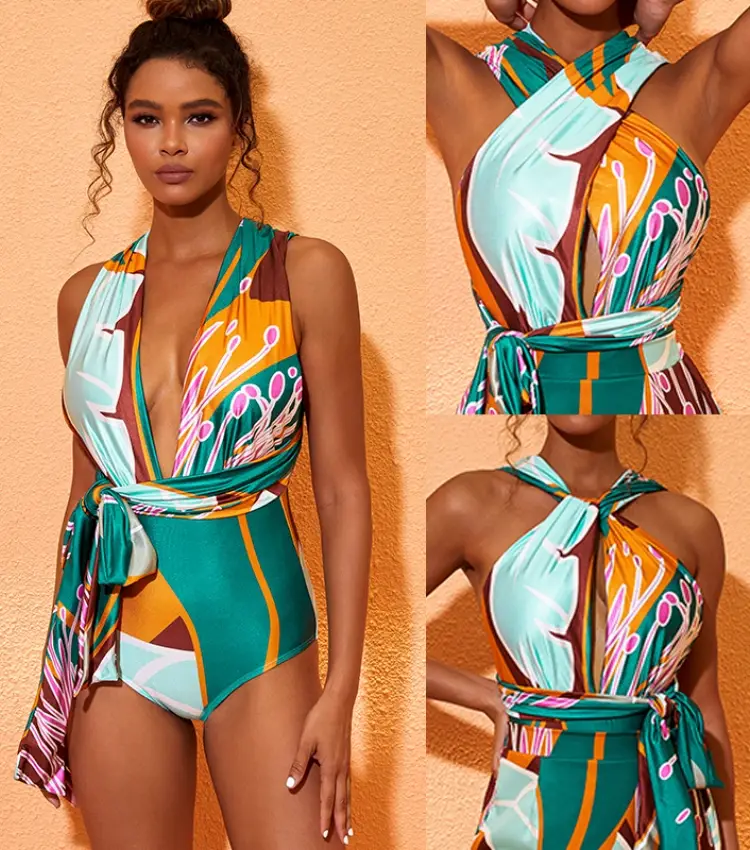 Printed one-piece swimsuit and skirt