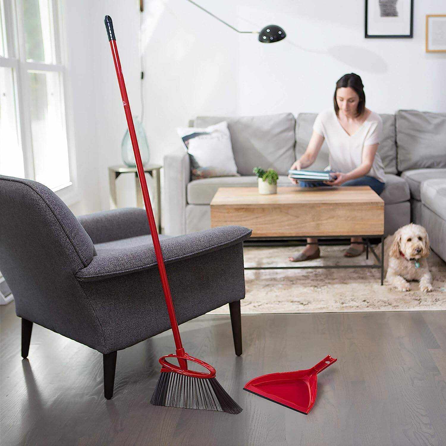 O-Cedar Pet Pro Broom & Step-On Dustpan PowerCorner, Red