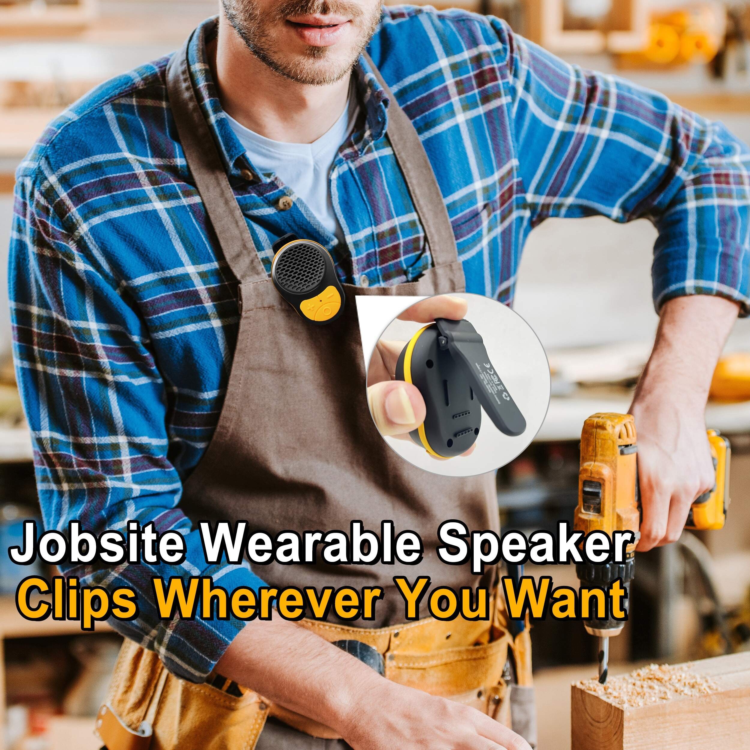 Wireless Portable Clip-On Speaker with Built-in Mic, 15 Hours Battery, IPX-5 Water-Resistant, USB Type-C Charging, 1-3W Output, Button Control, for Music & Calls, Ideal for Jobsite, Running, Biking, Hiking - No Charger Included