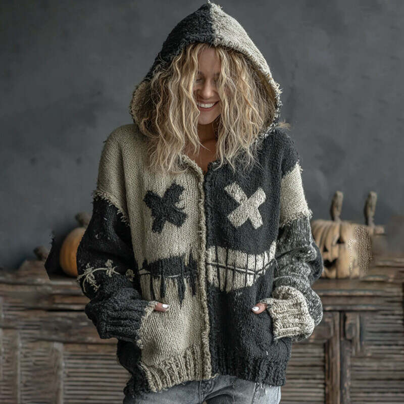 Halloween Spooky Face Patchwork Art Cozy Knit Hooded Cardigan