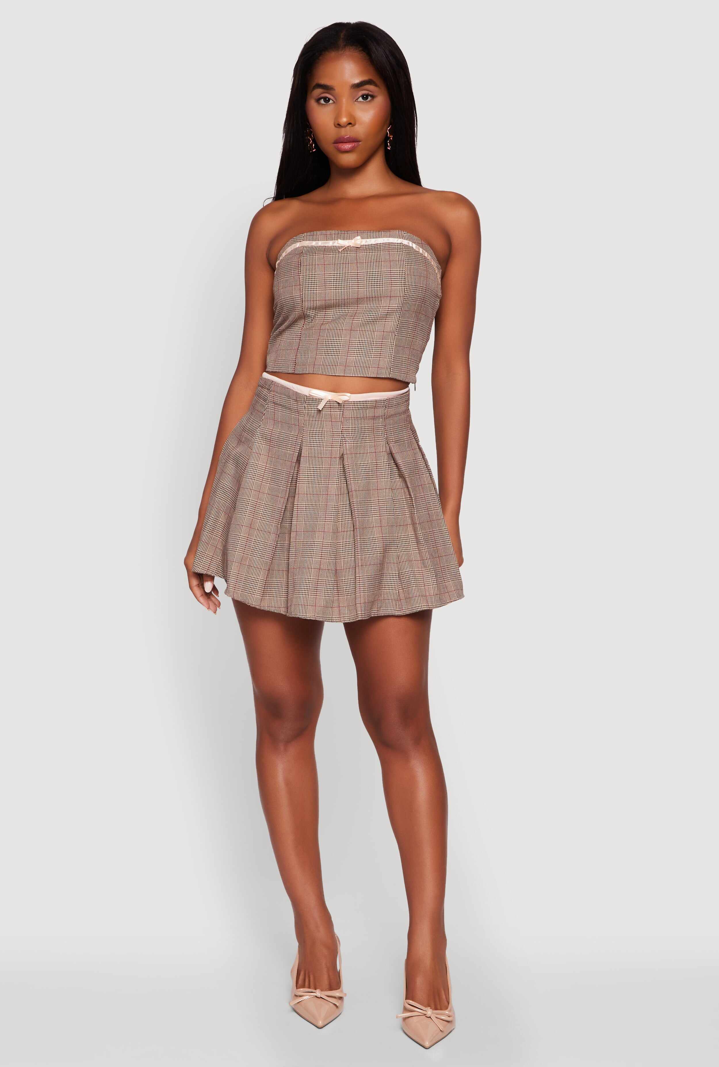 Plaid Tube Top with Bow Contrast Trim