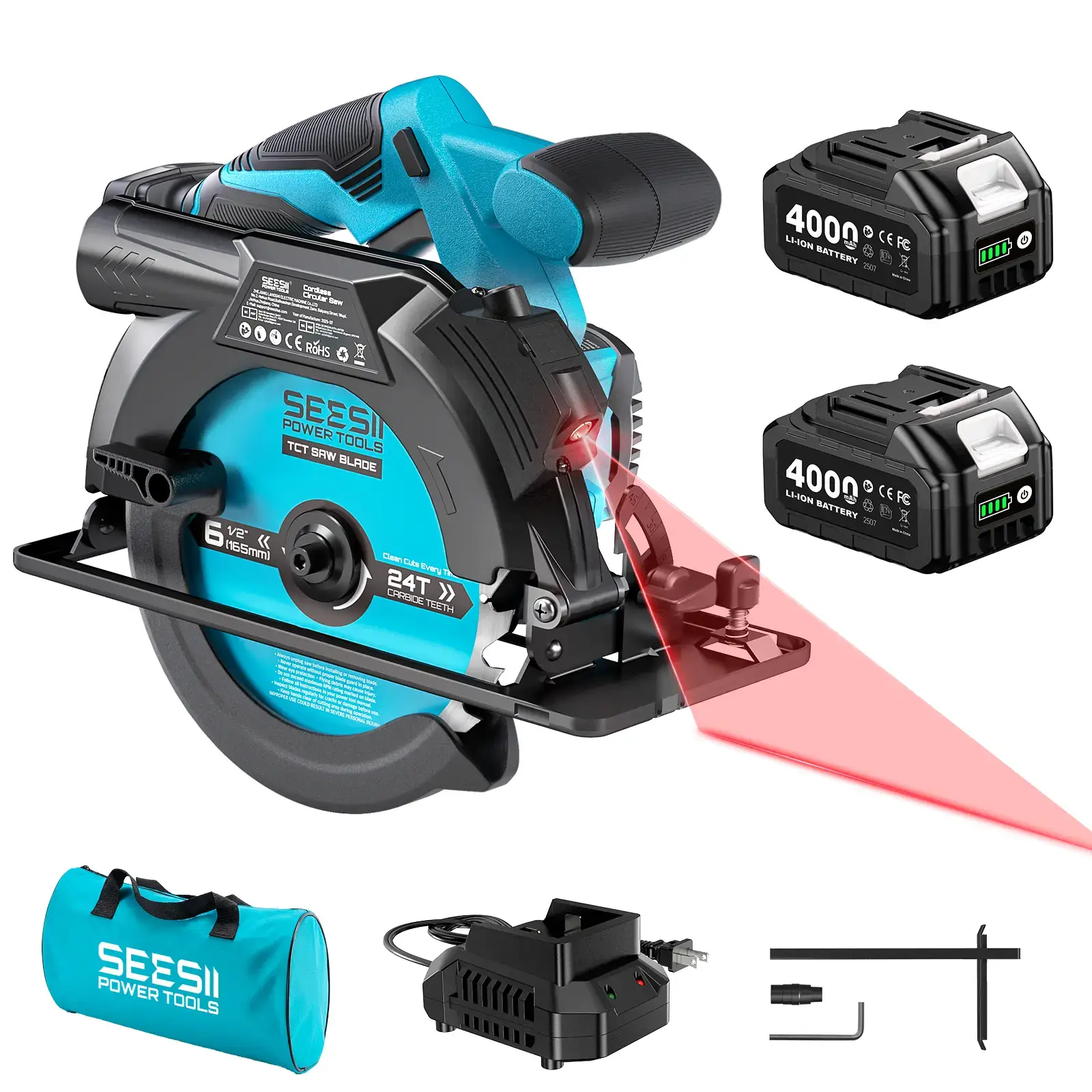 21V 6.5 Inch Cordless Circular Saw with Laser Guide & 2×4Ah Batteries
