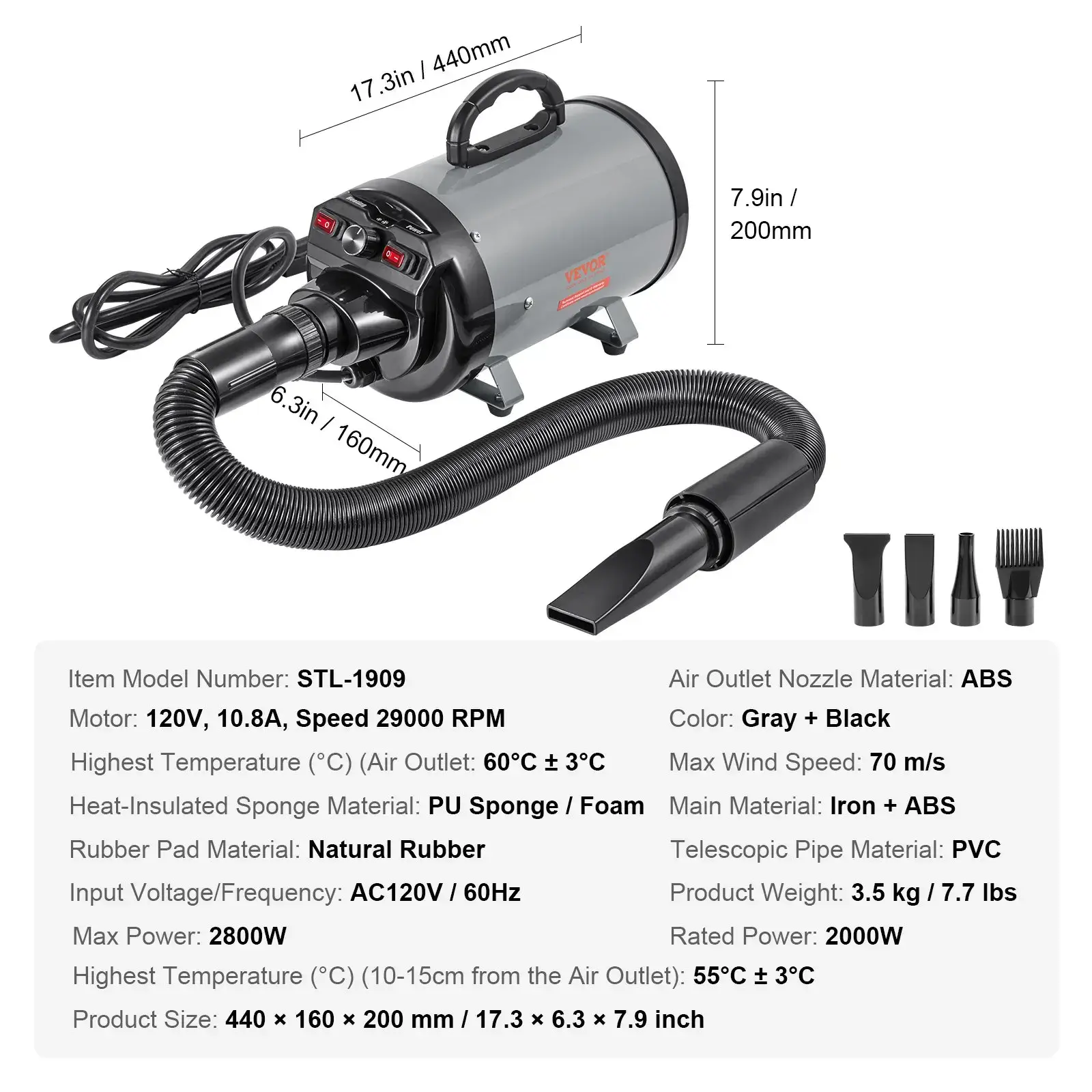 Portable 2000W Pet Dog Blow Dryer, 2.7HP Adjustable Speed & Temperature Control Pet Grooming Dryer with 4 Nozzles & Extendable Hose, Ideal Holiday Gift for Dog Owners