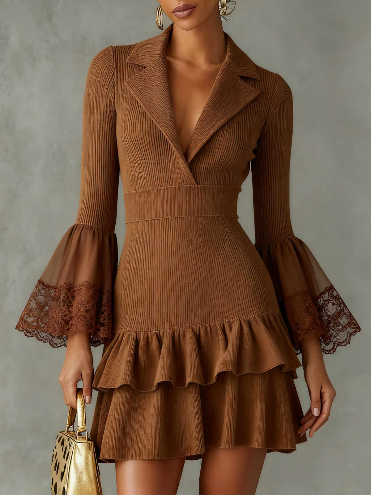 Brown Knit Mini Dress With Lace Cuffs And Ruffled Hem