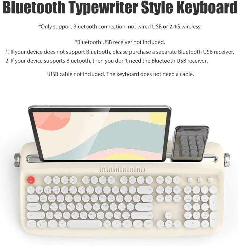 Typewriter Keyboard Wireless Bluetooth 5.0 Retro Aesthetic Cute Kawaii Round Keycaps 106-Key with Num Pad Clicky Mechanical Feeling with Pad/Phone Holder for Windows/Mac OS/Android/iOS (Mint)