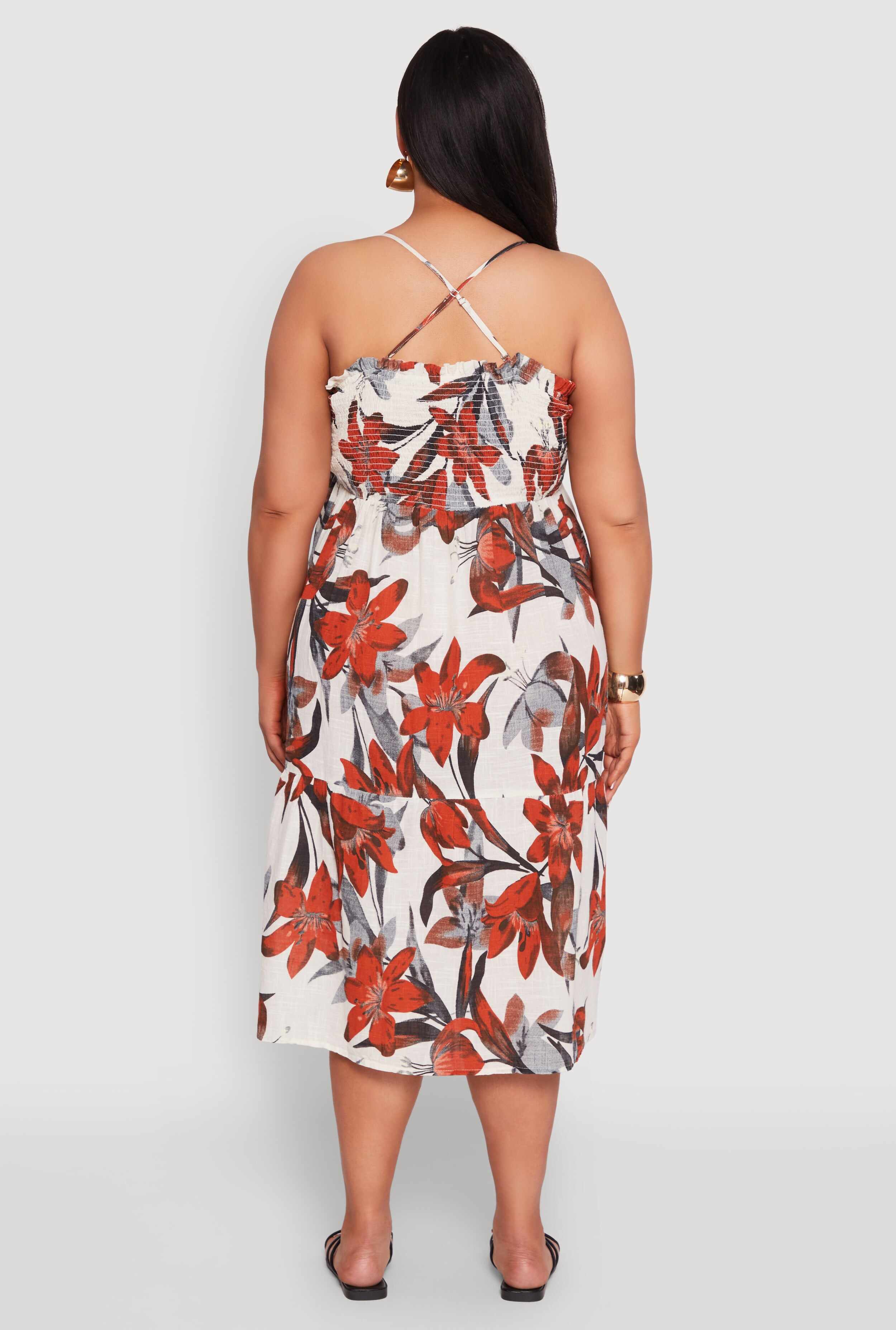 Plus Size Floral Print Smocked Tiered Midi Dress