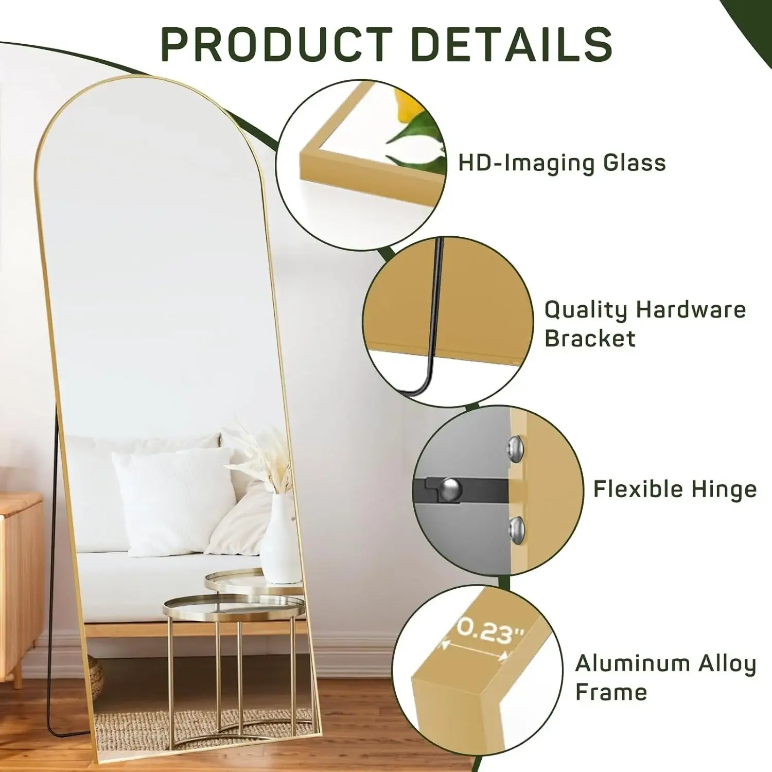 Full Length Mirror with Stand, Floor Mirror with Aluminum Alloy Frame for Bedroom, Standing Full Body Mirror for Wall, Cloakroom