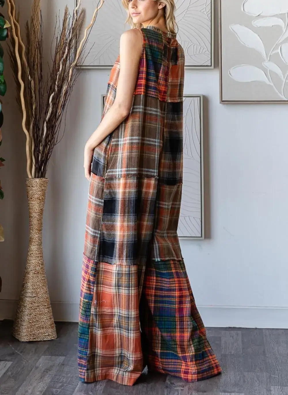 Extra Wide Leg Plaid Button Jumpsuit