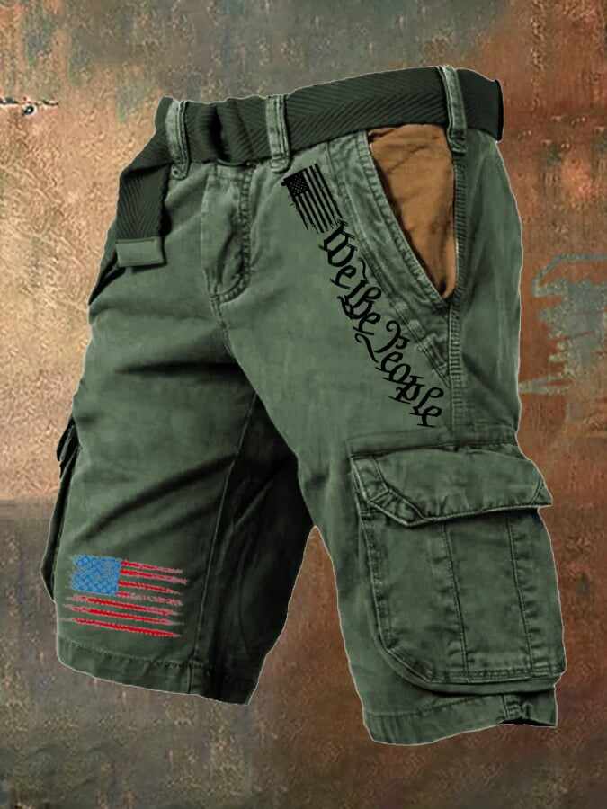 Men's Vintage Flag Independence Day Multi-Pocket Print Cargo Shorts (Belt Included)