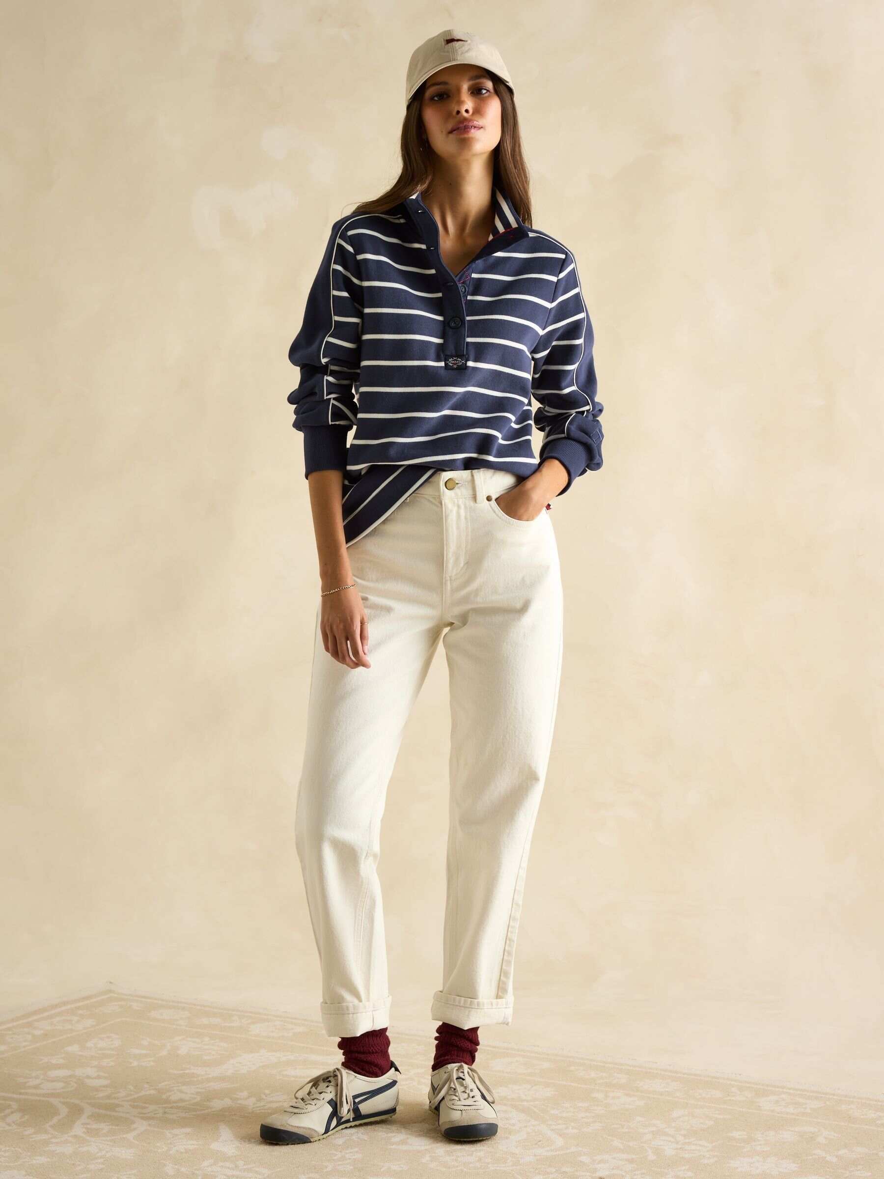 Southwold Navy Blue & Cream Cotton Button Down Striped Sweatshirt