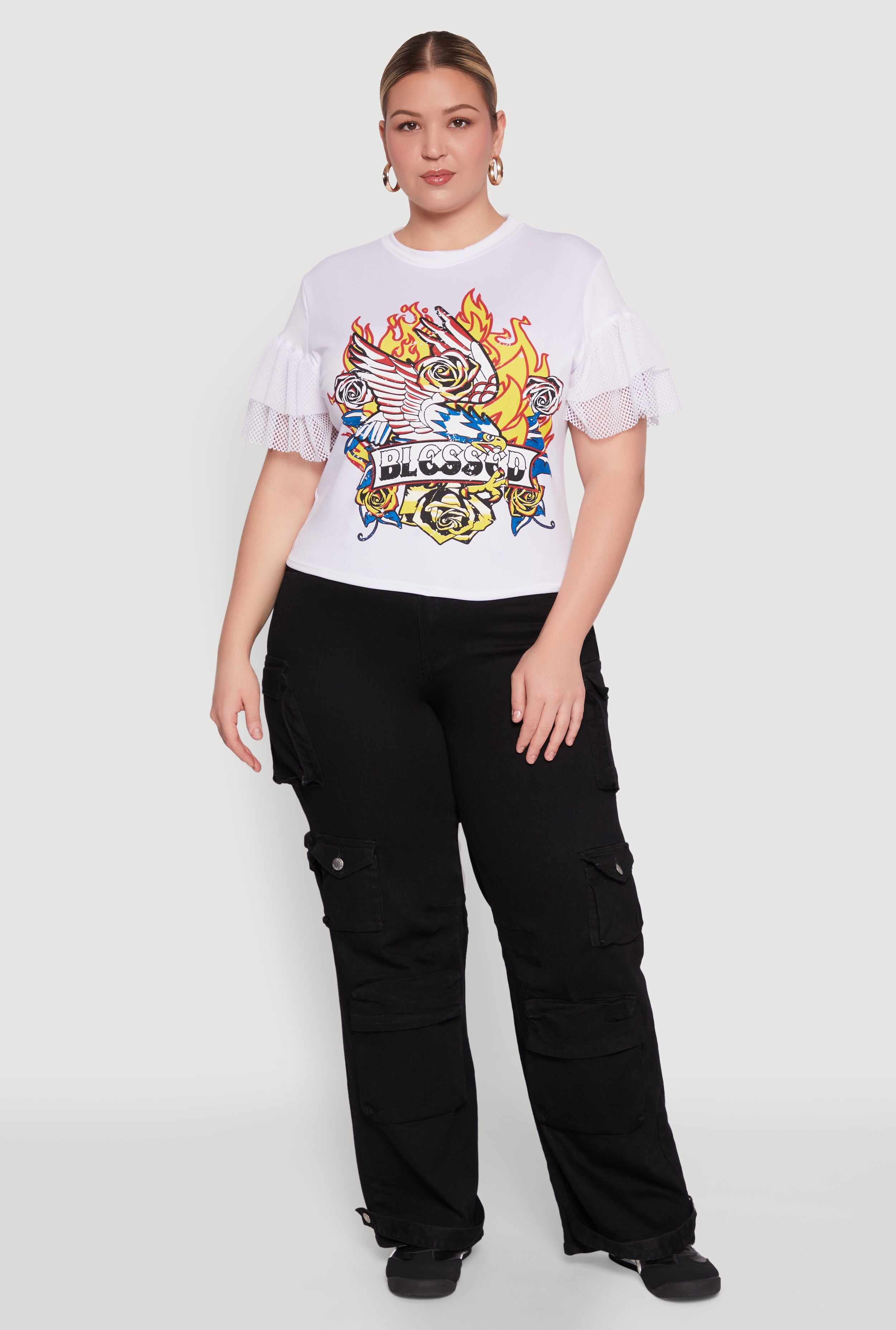 Plus Size Fishnet Sleeve Blessed Eagle Graphic Tee