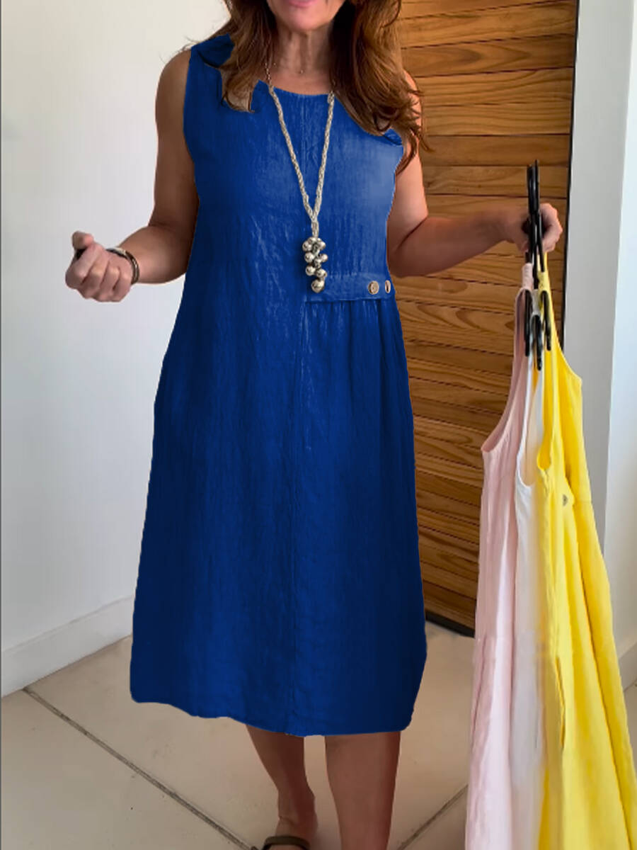 🔥Summer Arrivals🌟Women's Round Neck Pocket Cotton and Linen Dress