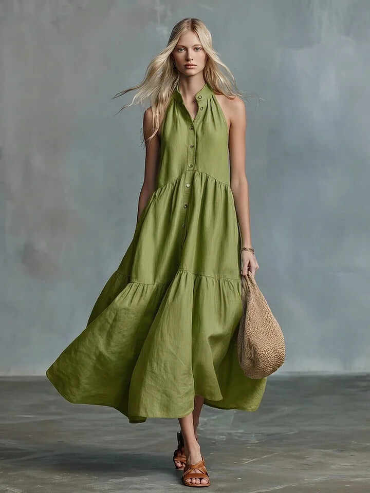 Sleeveless Casual Loose Linen Button Vest Dress