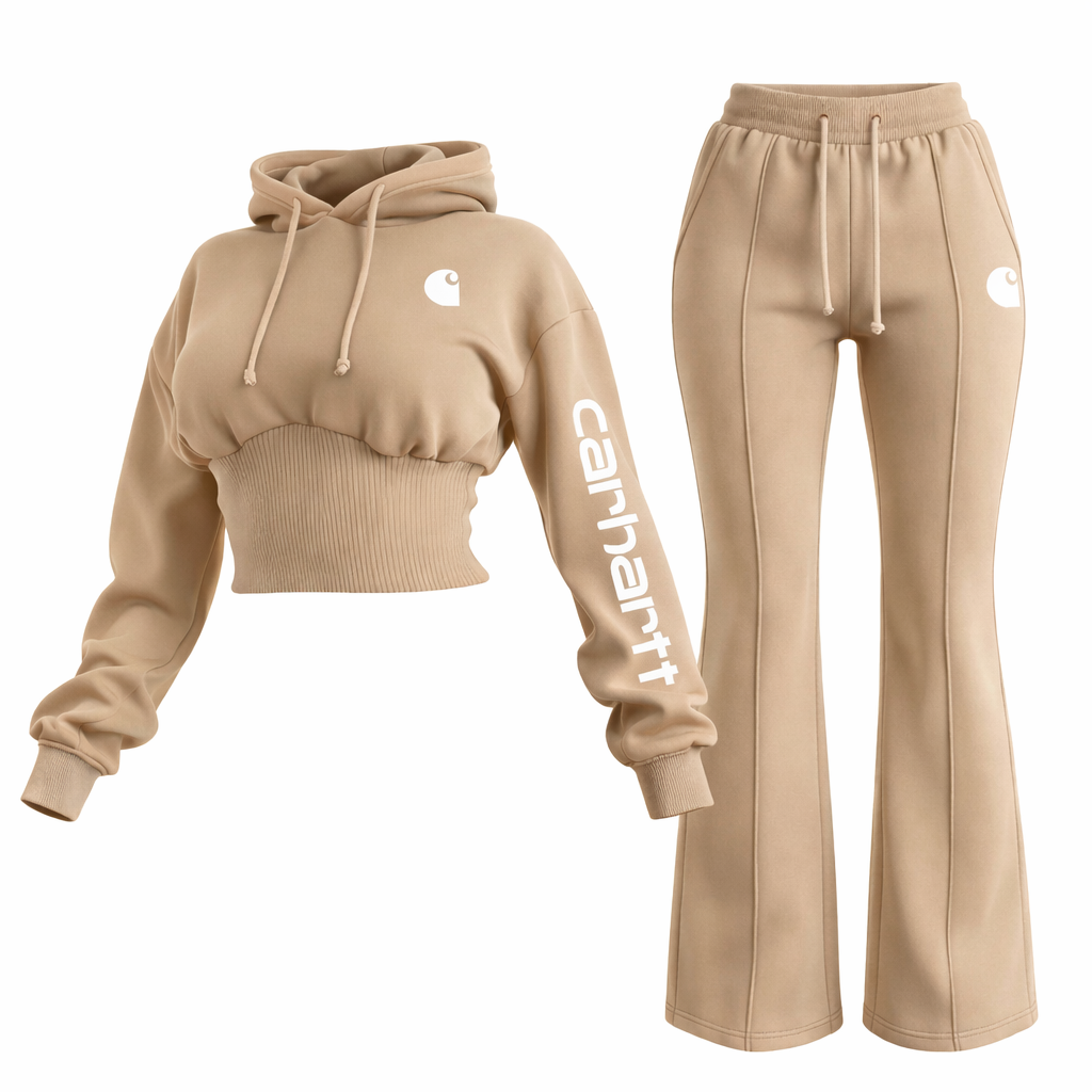 Women's Blue Cropped Shirred Waist Hoodie And Wide-Leg Pants Set