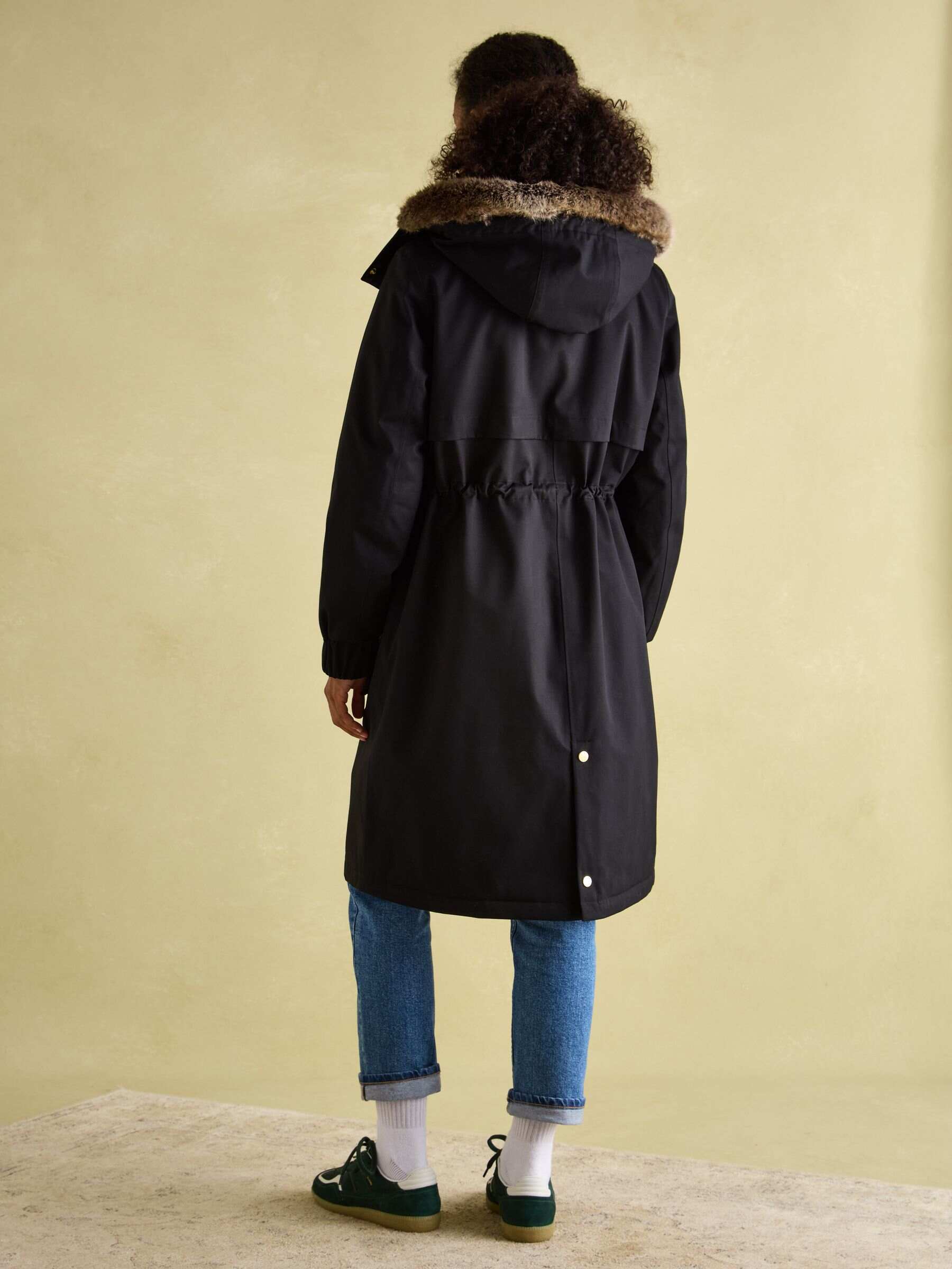 Harpsden Cosy Black Waterproof Fleece Lined Raincoat with Faux Fur Hood