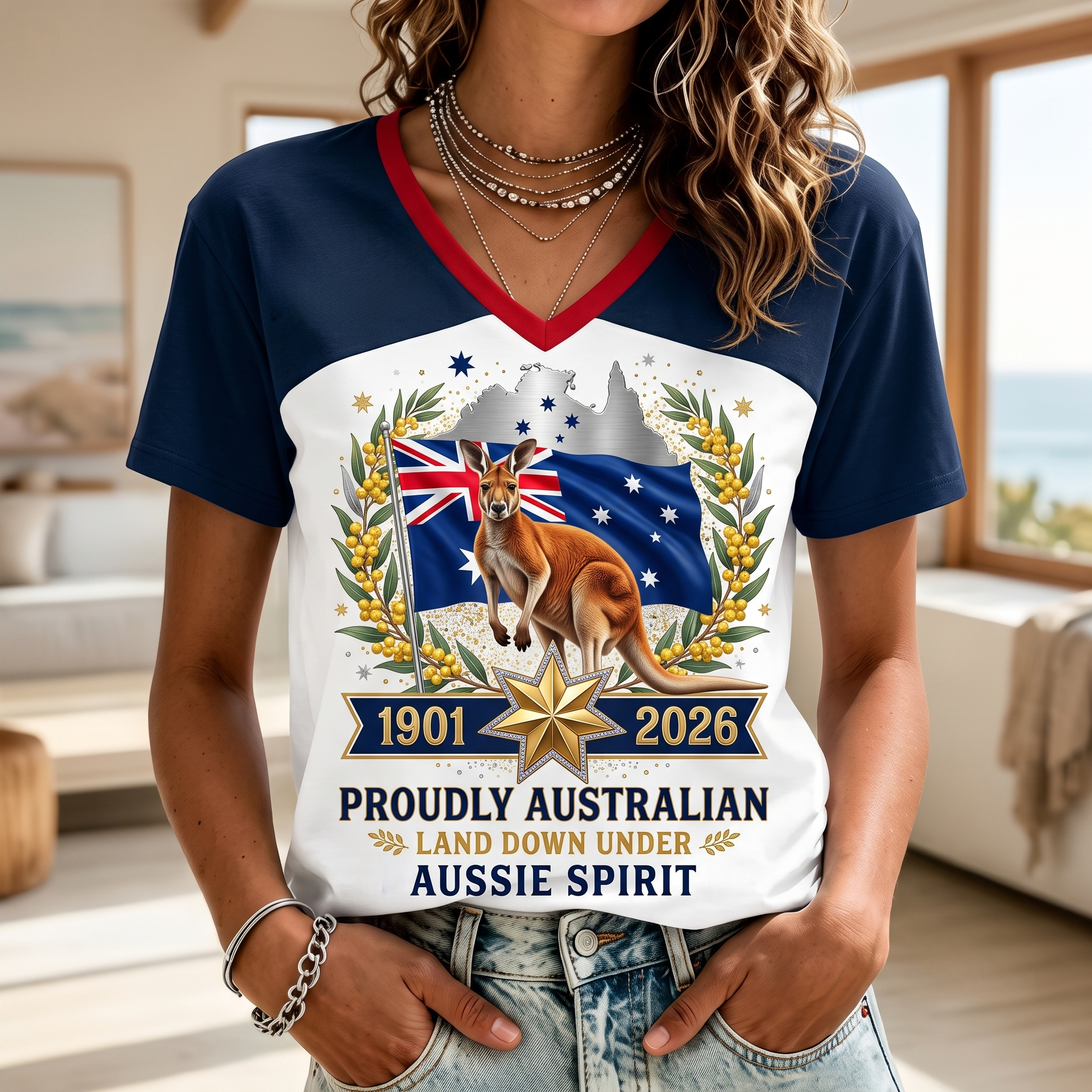 Printed Casual V-neck Short-sleeved AU T-shirt