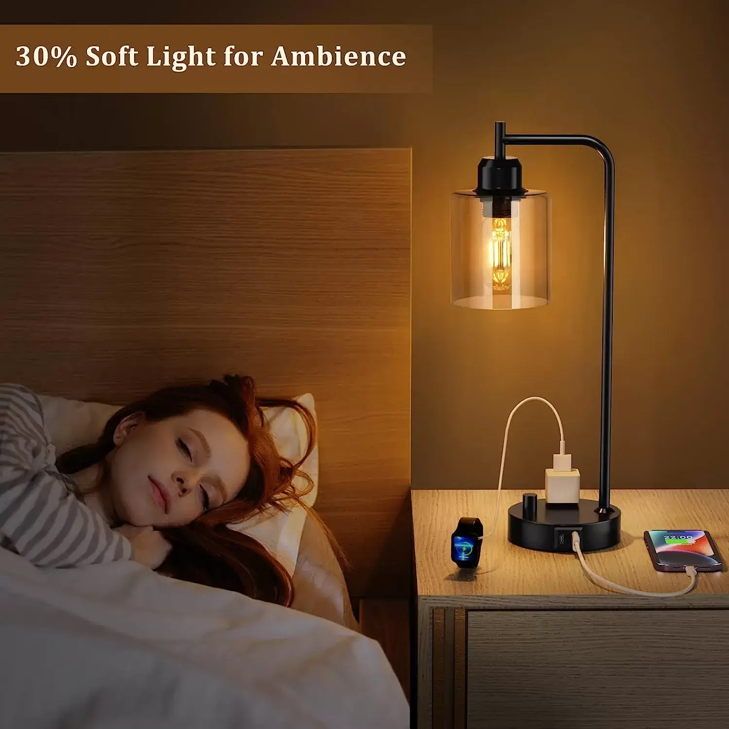 Industrial Bedside Table Lamp for Bedroom - Nightstand Lamps with USB C Charging Port, Fully Dimmable Black Lamps with USB Ports and Outlets, Small Desk Lamp with Glass Shade for Office Living Room