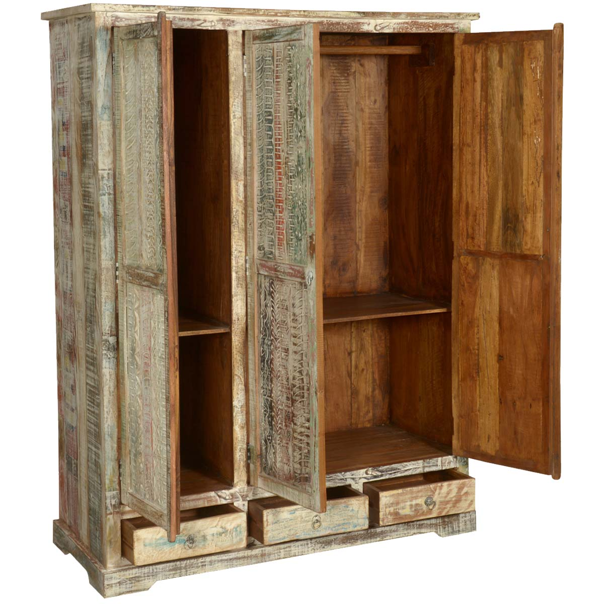 White Distressed Washed Solid Wood Large Wardrobe Armoire w Drawer
