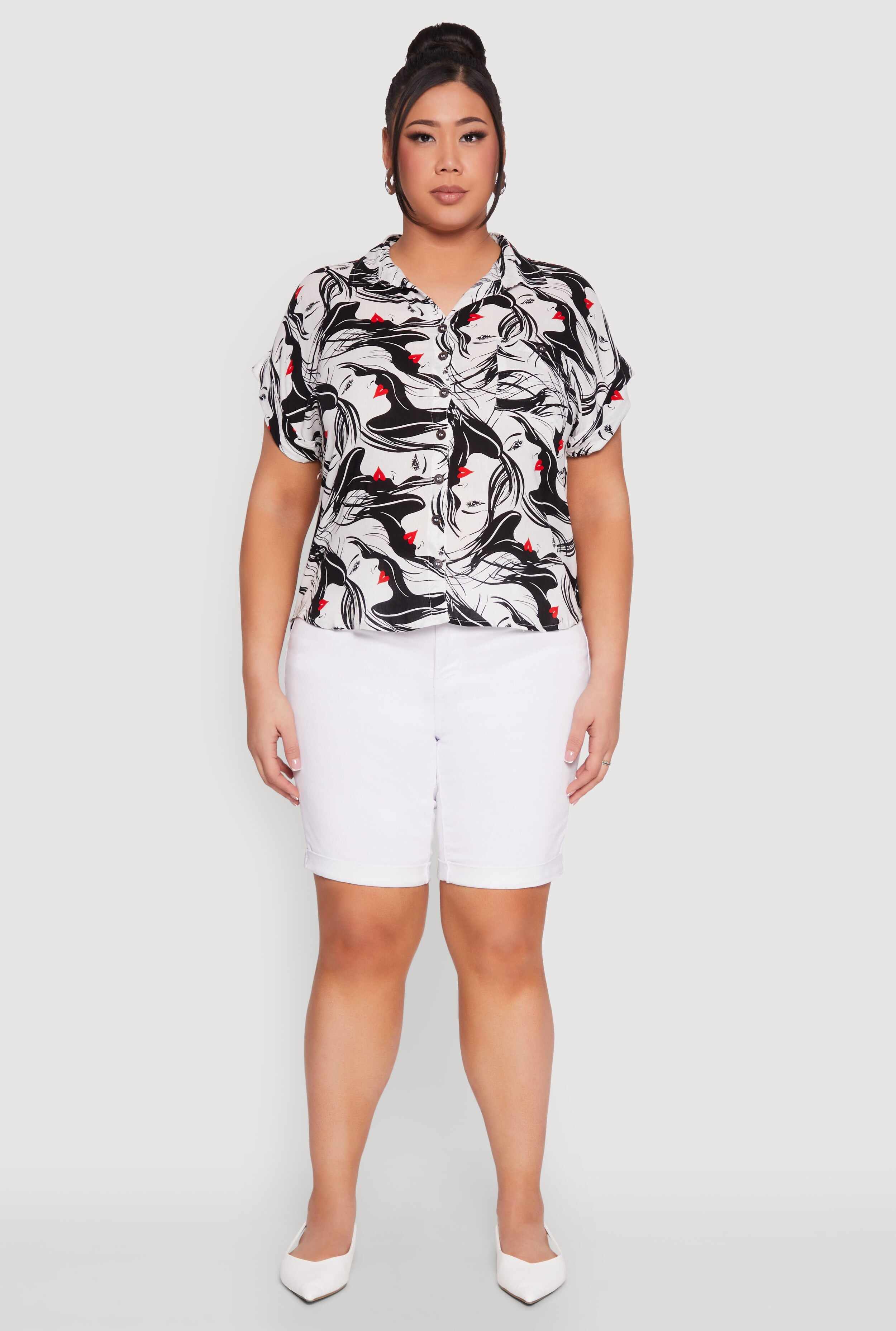 Plus Size Face Printed Button Front Shirt