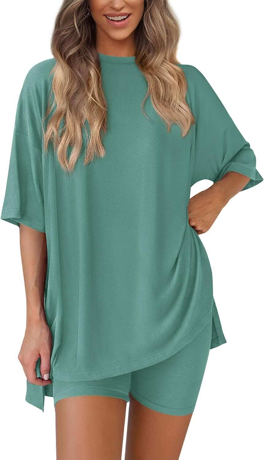 🔥Flash sale🔥Women's Two Piece Lounge Set 2026 Summer Casual Oversized Shirts  Biker Shorts Matching Airport Travel Outfit