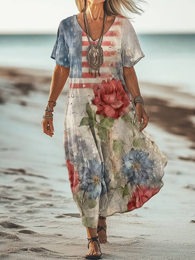 Women's Vintage Floral Flag Print V Neck Short Sleeve Cotton Pocket Dress