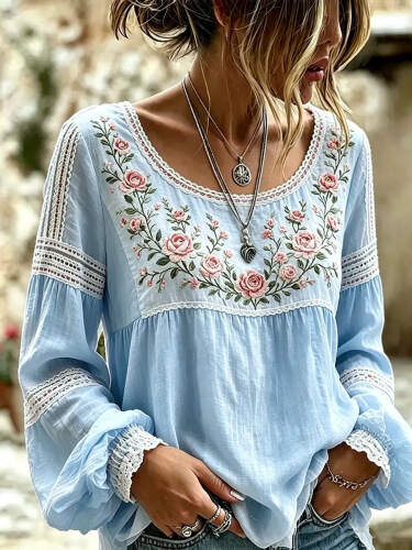 Loose-fitting a Crew Neck And Vintage Print Long-sleeve Top