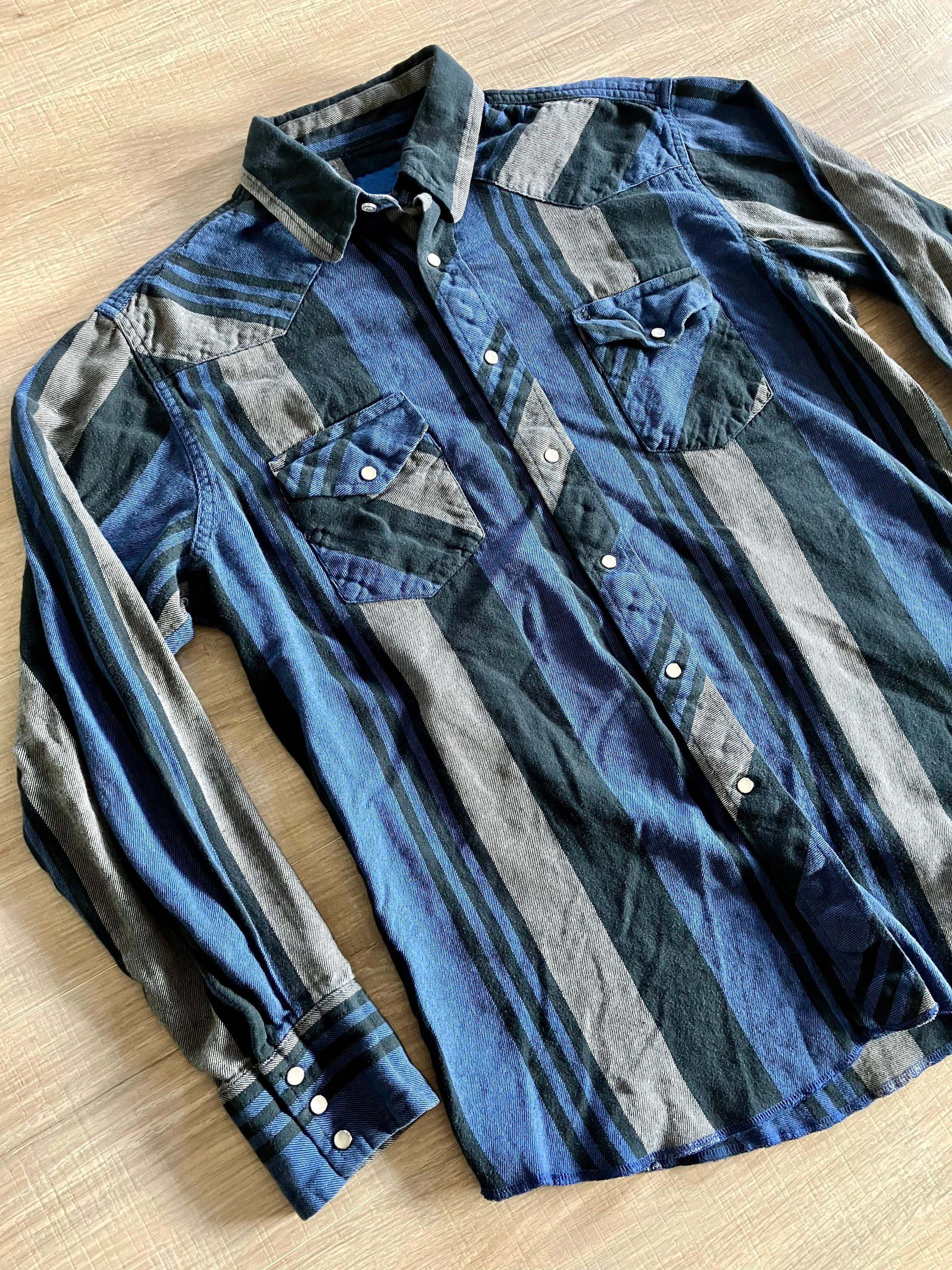 Men's Fashion Western Blue Green Striped Long Sleeve Shirt