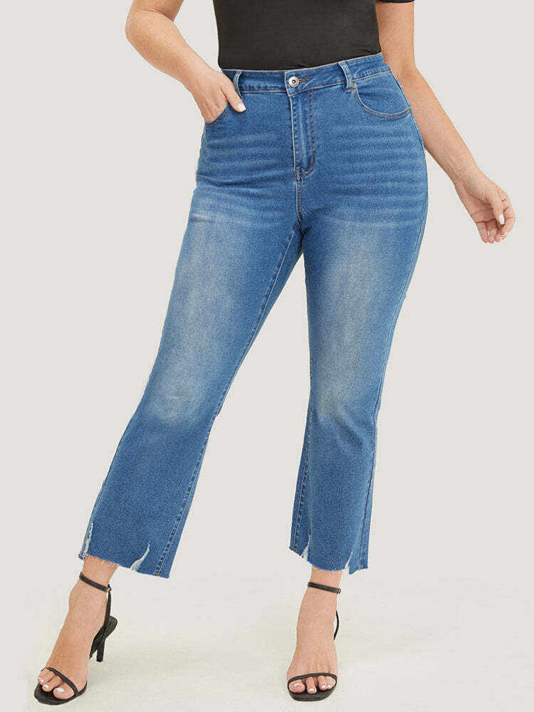 Bootcut Very Stretchy High Rise Medium Wash Distressed Hem  Jeans
