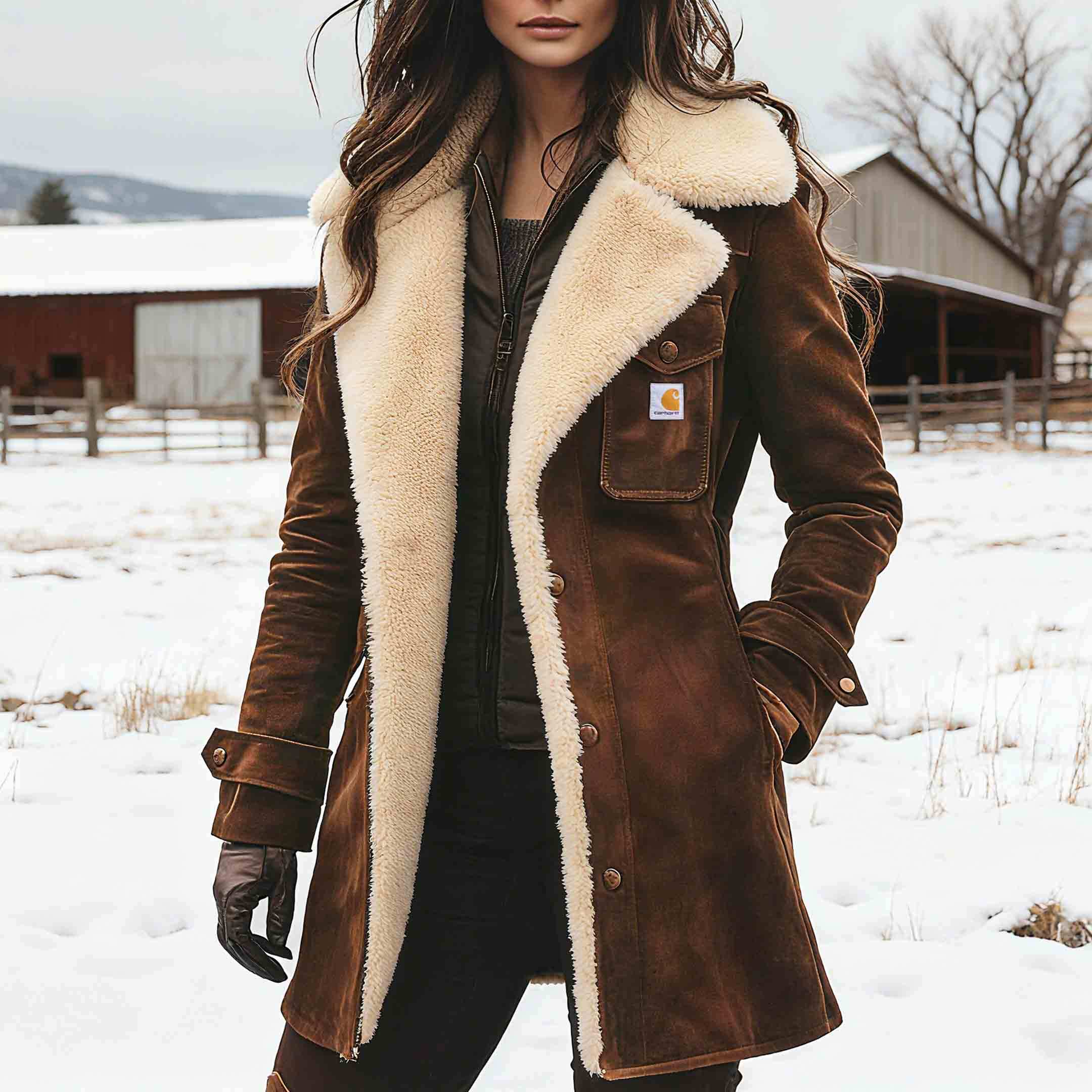 Women's Carhartt Vintage Brown Suede Fleece Lapel Collar Mid-Length Shearling Coat Jacket