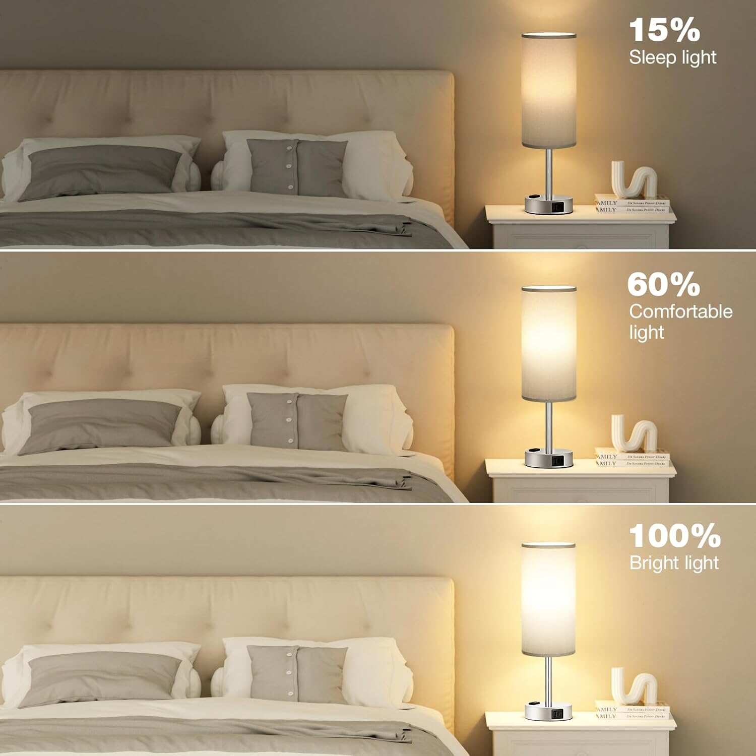 Bedside Table Lamp for Bedroom - 3 Way Dimmable Touch Lamp USB C Charging Ports and AC Outlet, Small Lamp Wood Base Round Flaxen Fabric Shade for Living Room, Desk, LED Bulb Included