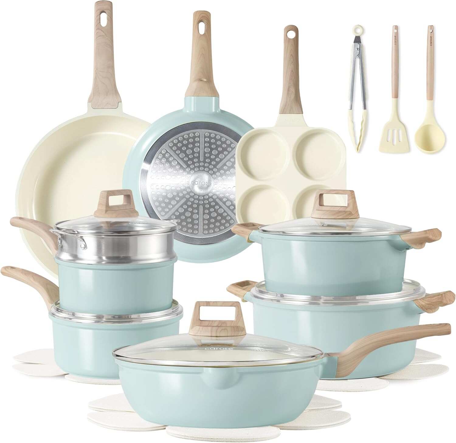 CAROTE ICE 35pcs Pots and Pans Set, Nonstick Cookware Sets, White Granite Induction Cookware with Kitchen Knife Set