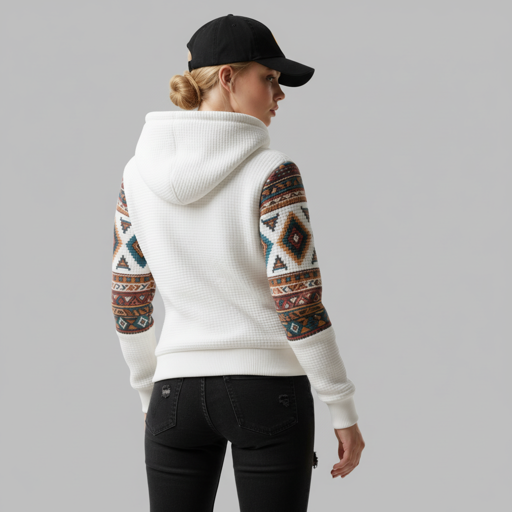 Women's Retro Loose Comfort Ethnic Print Color Block Waffle Patchwork Half Zipper Stand Collar Hooded Sweatshirt